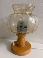 Vintage Tischlampe mit Holzfuss mit Geätztes Glas