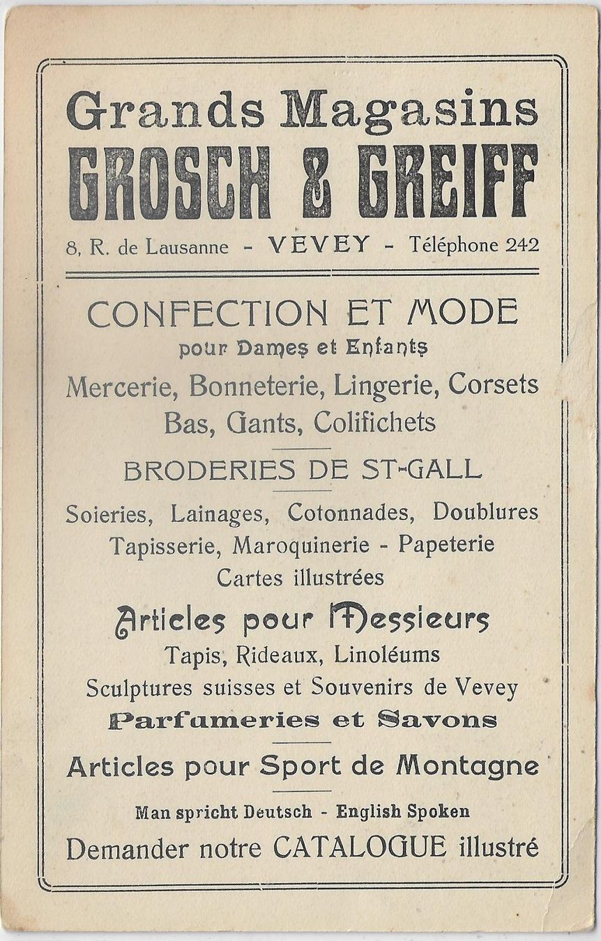Cartoline postali: Grands Magasins Grosch & Greiff Vevey – Usato da Ettingen venduto da Kartenplanet 1