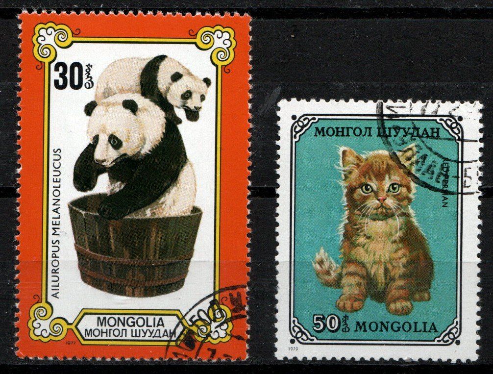 Tutti i francobolli: 2 Timbres Mongolie 1977-79  Chat et Panda Obl. – Usato da Blonay venduto da Leglaude_01