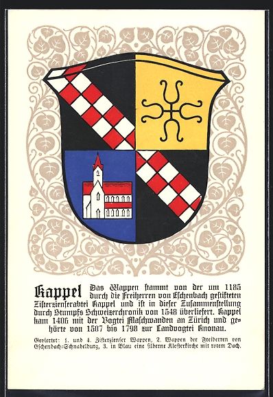 Cartoline postali: Kappel /ZH, Wappen der Gemeinde mit Zist – Usato da Berlin venduto da bartko-reher