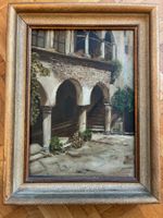 Quadro ad olio su tela, motivo di corte interna con cornice