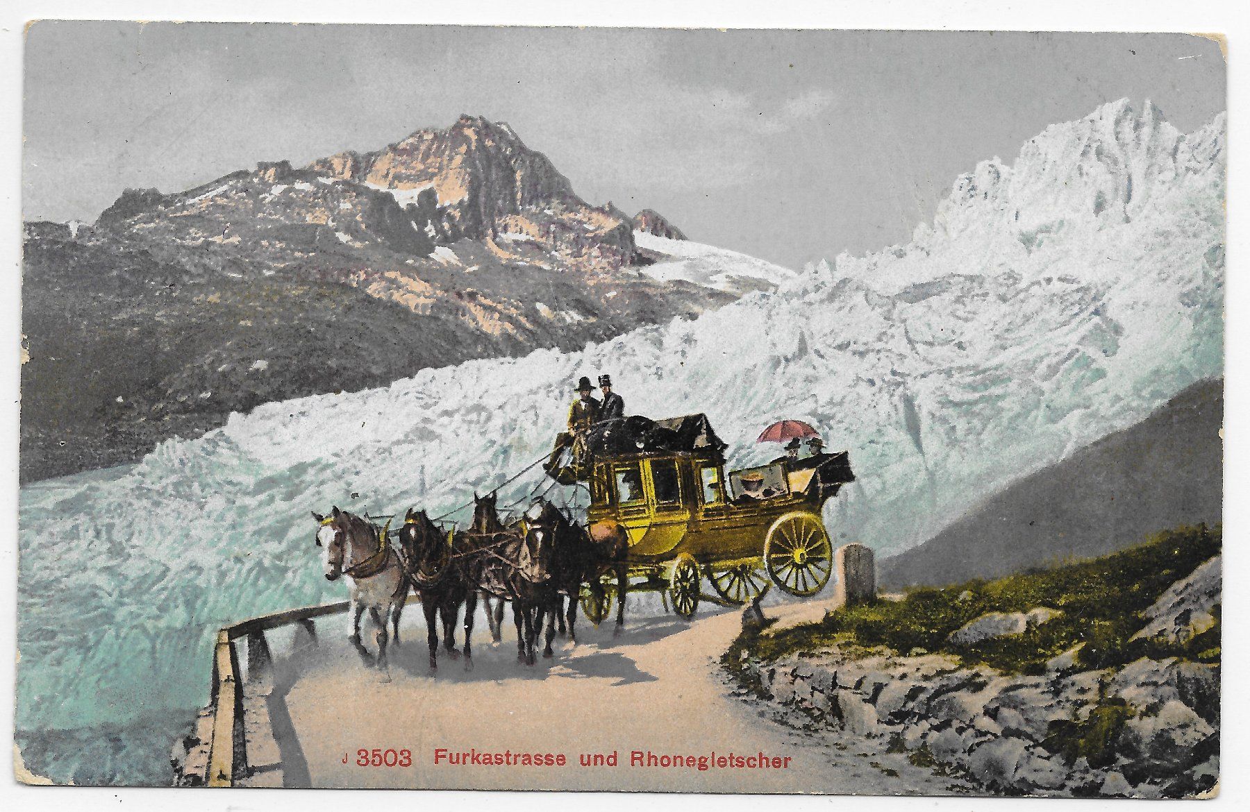 Ansichtskarten: Furkastrasse und Rhonegletscher, Postkutsche – Gebraucht aus Hefenhofen von Richsalz