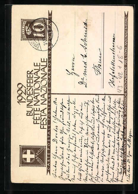Ansichtskarten: Bundesfeier 1929, Schweizer Soldat mit S – Gebraucht aus Berlin von bartko-reher 1