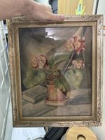 Gemälde "Geranien" V. Schütz, 1945, mit Rahmen, Vintage