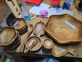 Edles Salatbesteck und Schalen Set aus Holz aus den 60er (D 