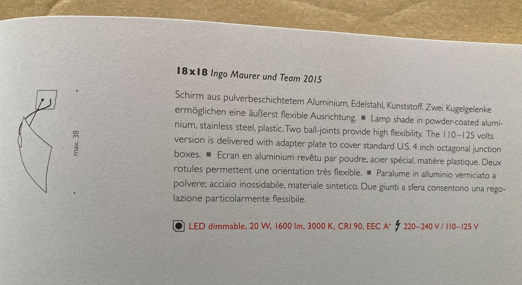 Ingo Maurer Lampade: Decken- oder Wandleuchte 18 x 18 Ingo Maurer und Team 2015 – Nuovo (secondo la descrizione) da Domat/Ems venduto da Pantalla 3