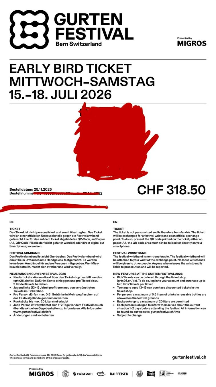 Biglietti: 1x 4-Tagespass GURTENFESTIVAL 2026 – Nuovo e nell'imballaggio originale da Bern venduto da hyperion62 1