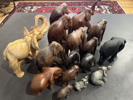Holz Elefanten Figuren Set Deko Sammlerstück Vintage 15 Stk.