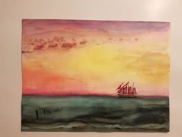 Aquarell – Segelschiff im Sunneundergang – Signiert DR 02