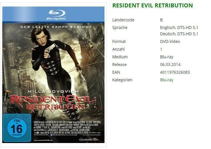 Alle DVDs: RESIDENT EVIL - RETRIBUTION (Bluray) – Gebraucht aus Buchrain von Sssschaller