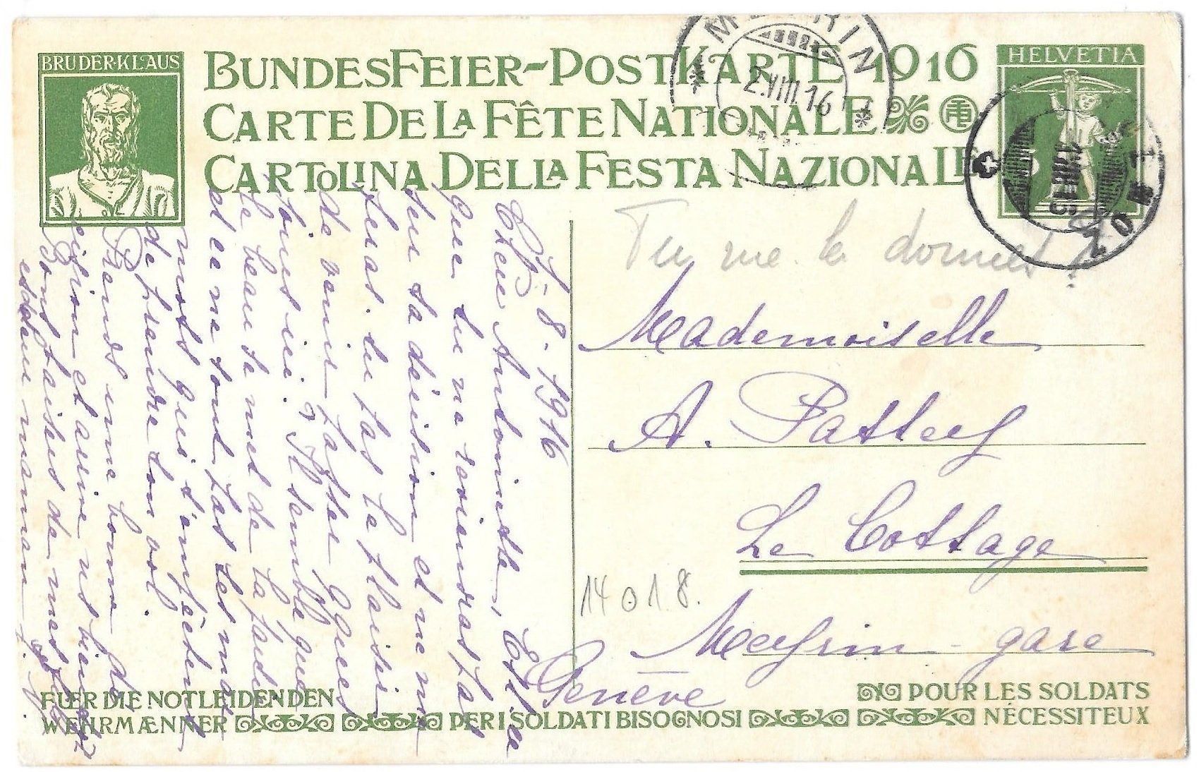 Tutti i francobolli: Bundesfeier-Postkarte Nr. 14 gestempelt 1.8.1916 – Usato da Olten venduto da clotaldi 1