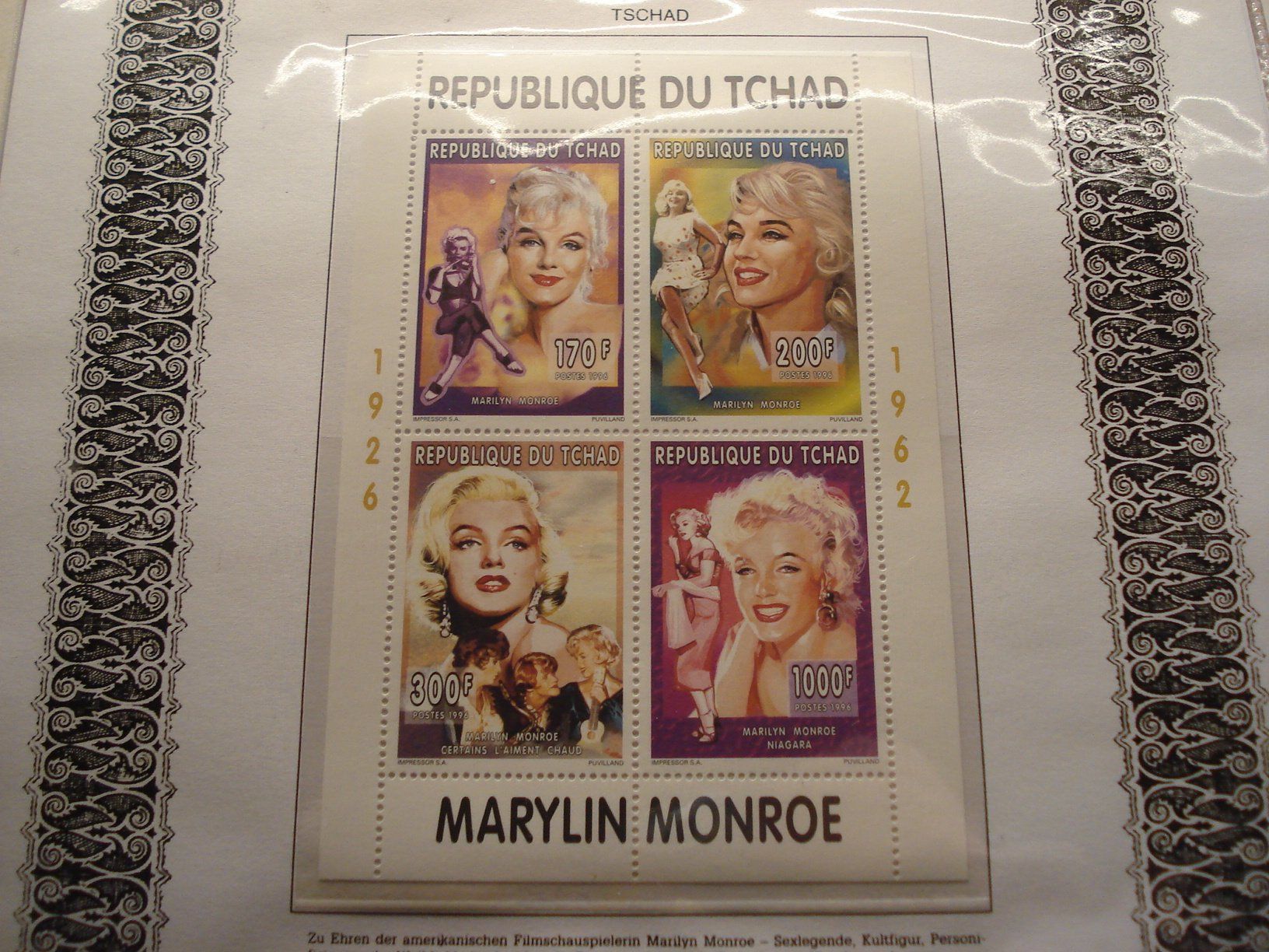 Tutti i francobolli: Tchad, Block Marilyn Monroe, 1996, ** falsch geschrieben – Usato da Niederwil AG venduto da morostahu
