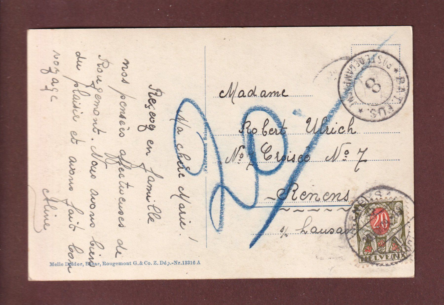 Cartoline postali: ROUGEMONT - 1929 Feldpost – Usato da Pully venduto da nicecards 1