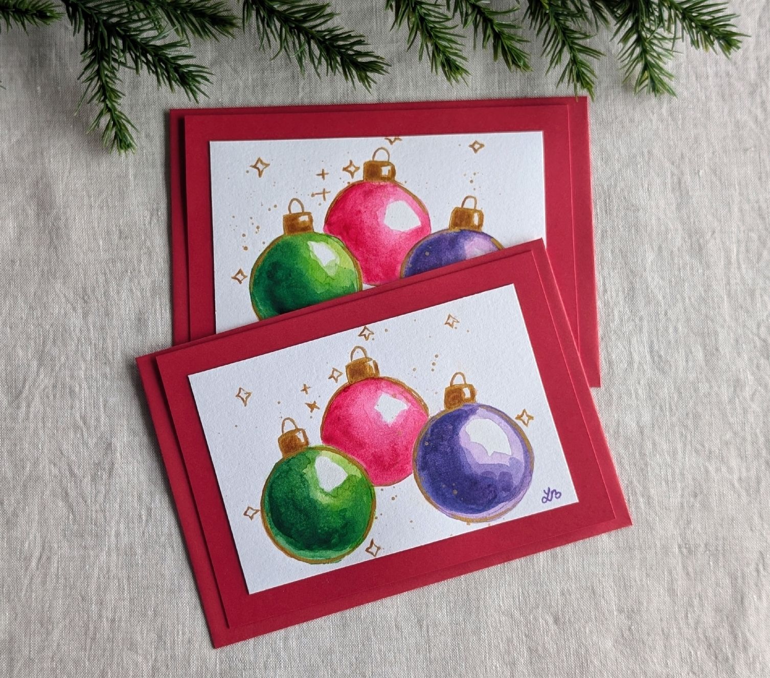 Cartes: 2er Set Handgemachte Weihnachtskarten Aquarell Kugeln – Neuf avec emballage d'origine à Winterthur par LaVieColor 3