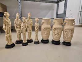 3 Deko-Vasen und 5 Figuren im asiatischen Stil
