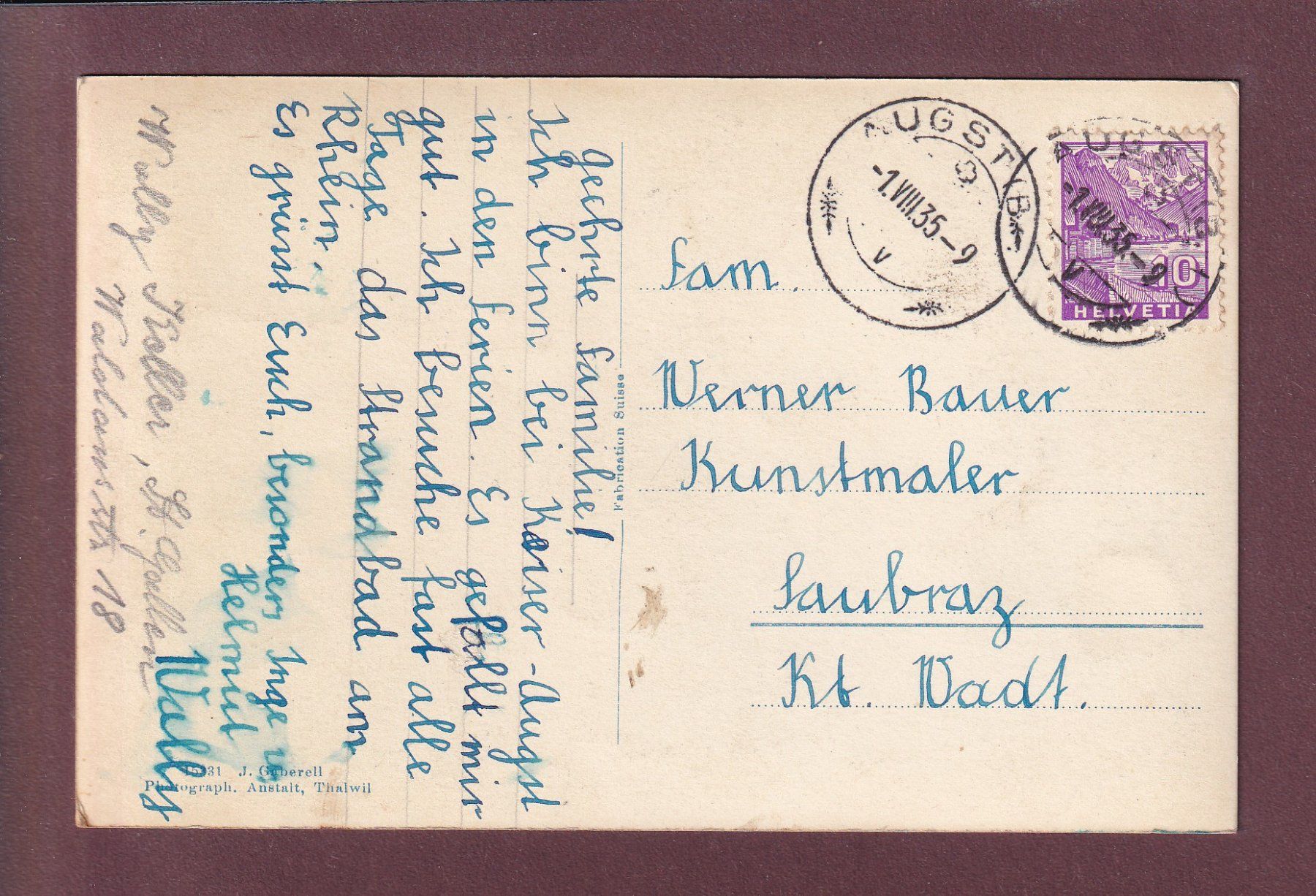 Ansichtskarten: AUGST - Gasthaus Rössli - 1935 – Gebraucht aus Pully von nicecards 1