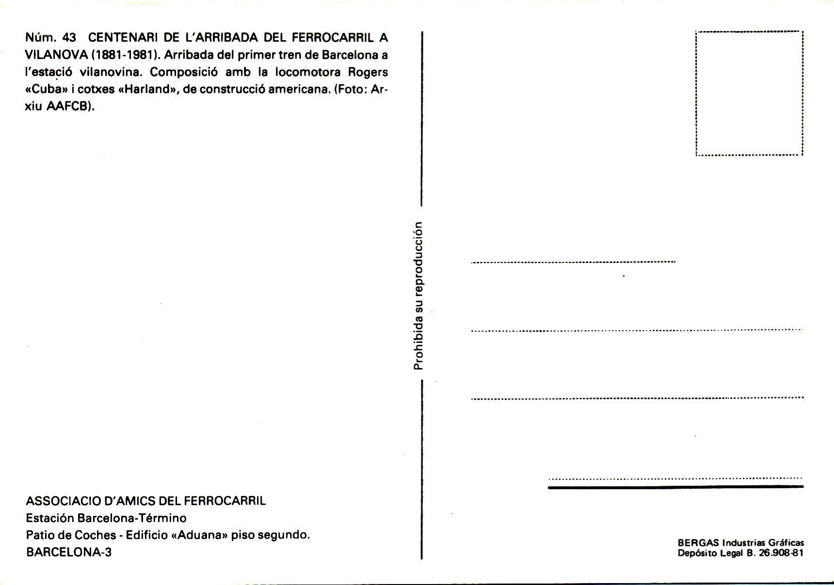 Cartoline postali: ESPAGNE - 100 ans de l'arrivée du train à VILANOVA - 1981 – Nuovo (secondo la descrizione) da St-Léonard venduto da thipif 1
