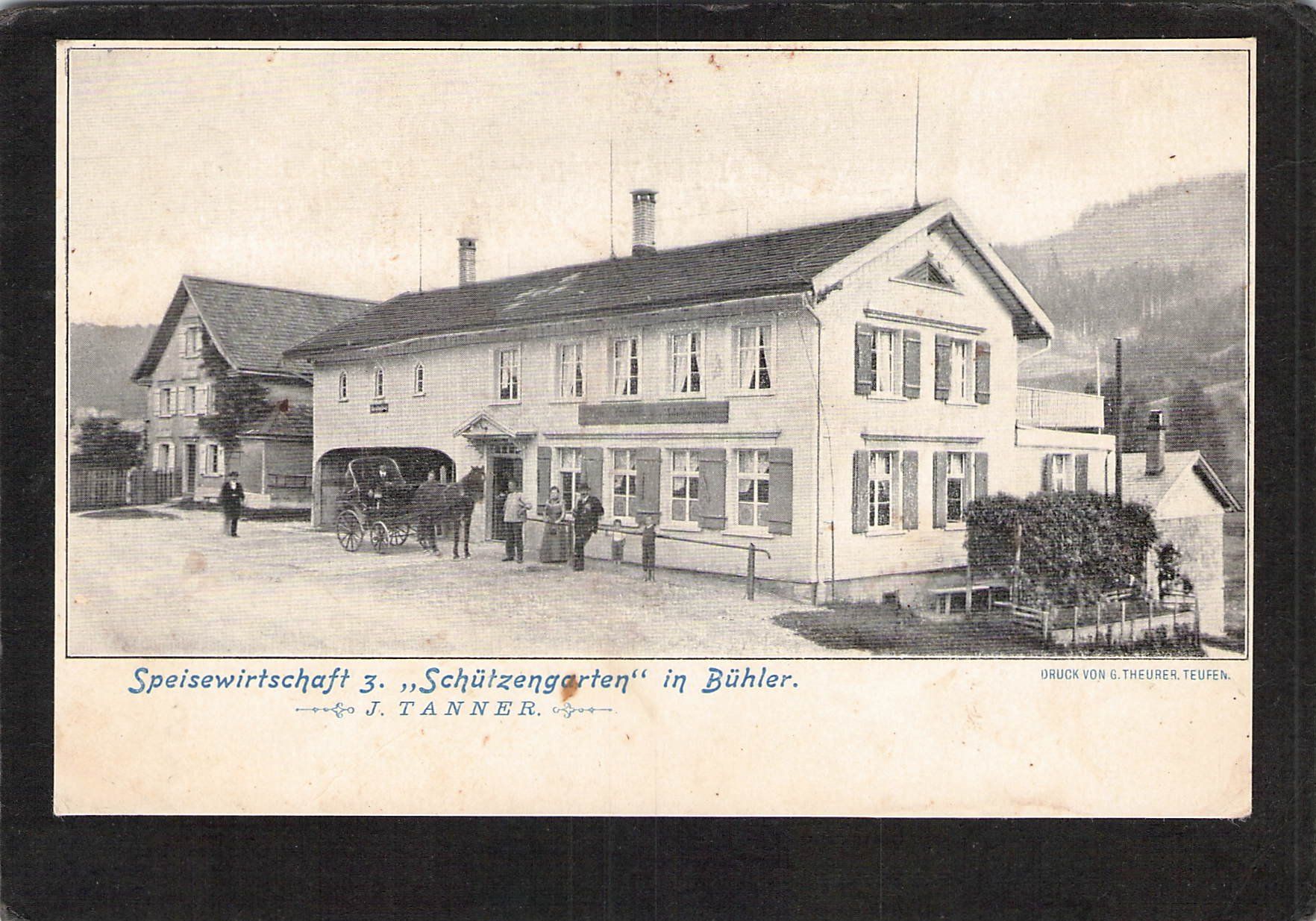Ansichtskarten: Bühler AR, Rest. z. Schützengarten , Kutsche , belebt – Gebraucht aus Reichenburg von