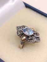 Art Deko Ring 925er Silber teil Schaumgold Aquamarin Top