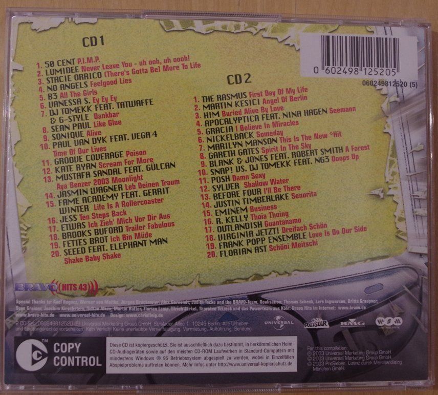 CDs: Bravo Hits 43, Doppel CD 2003, Hit Compilation, Sampler – Gebraucht aus Schönenberg TG von  2