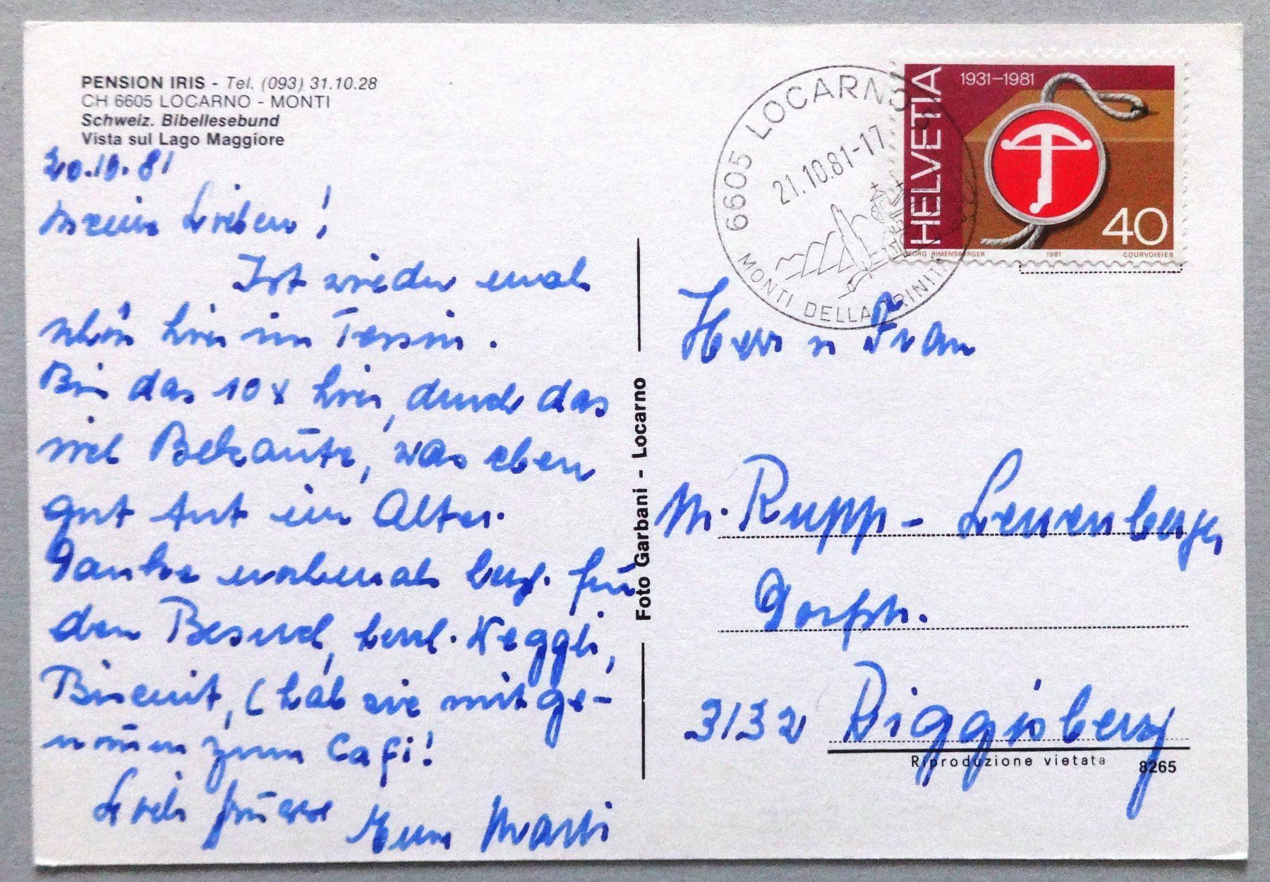 Cartoline postali: Pension Iris, Locarmo-Monti – Usato da Fétigny venduto da Billy2miny 1