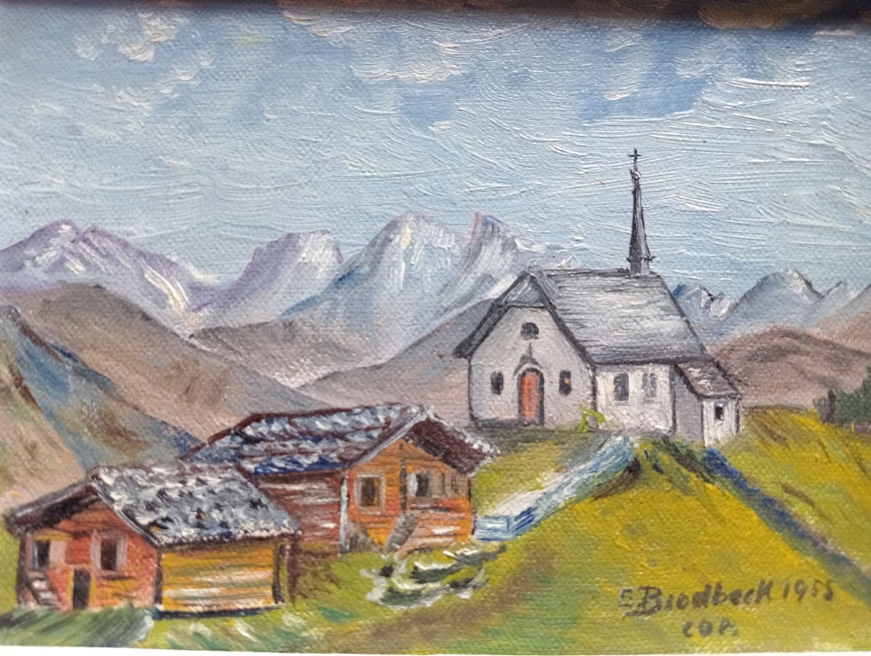 Dipinti: Öl Gemälde "Berglandschaft mit Kirche" E.Brodbeck Cop.1955 – Usato da Oberdorf BL venduto da Barocki888 1