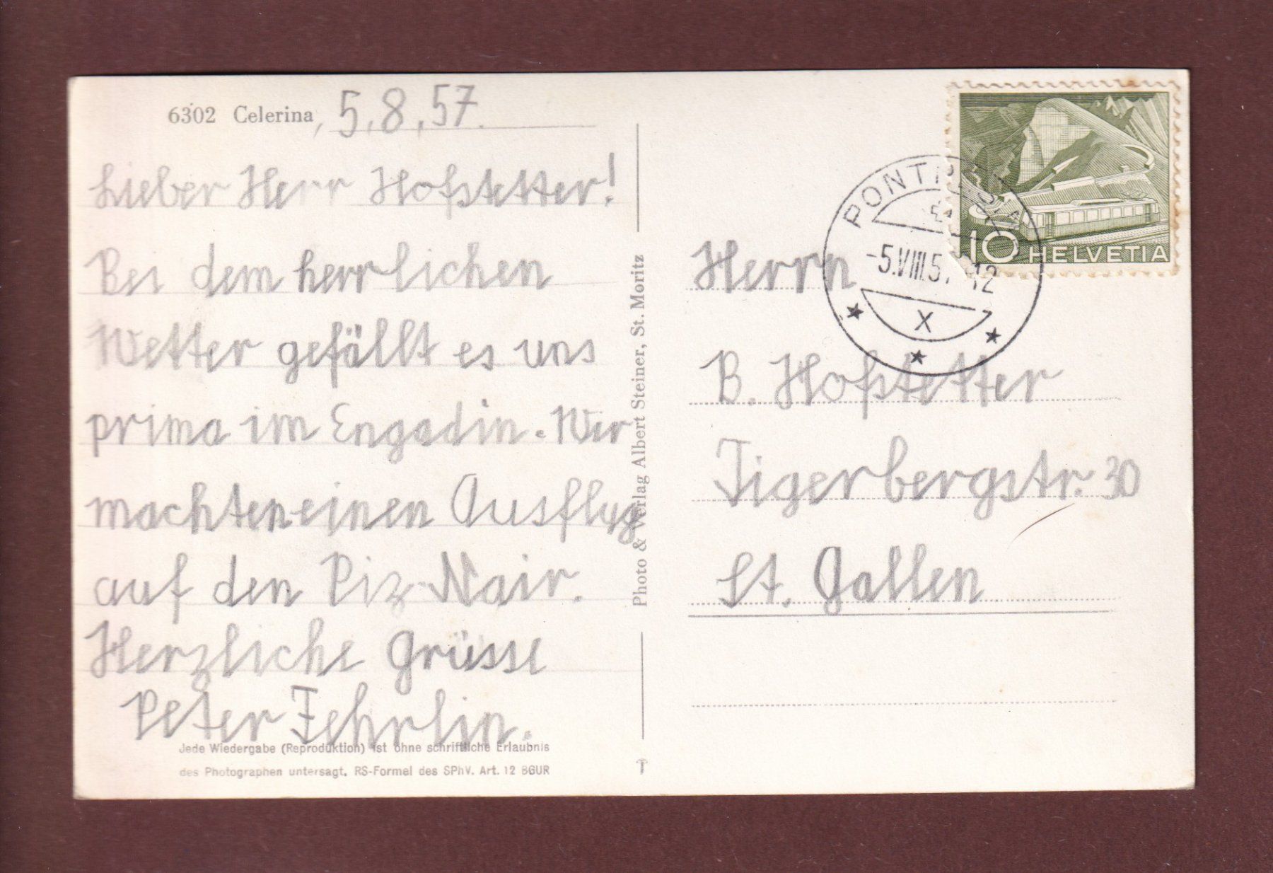 Ansichtskarten: CELERINA - 1957 – Gebraucht aus Pully von nicecards 1