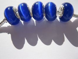 5 Grosslochperlen, Glas Beads Katzenauge dunkelblau,14mm