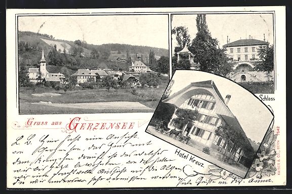 Cartoline postali: Gerzensee, Ortsansicht, Schloss, Hotel K – Usato da Berlin venduto da bartko-reher