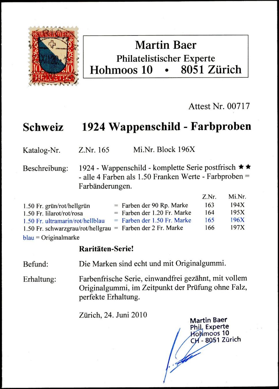 Tutti i francobolli: 1924 - Wappenschild - Farbprobe - Abarten – Usato da Schindellegi venduto da leecollect 2