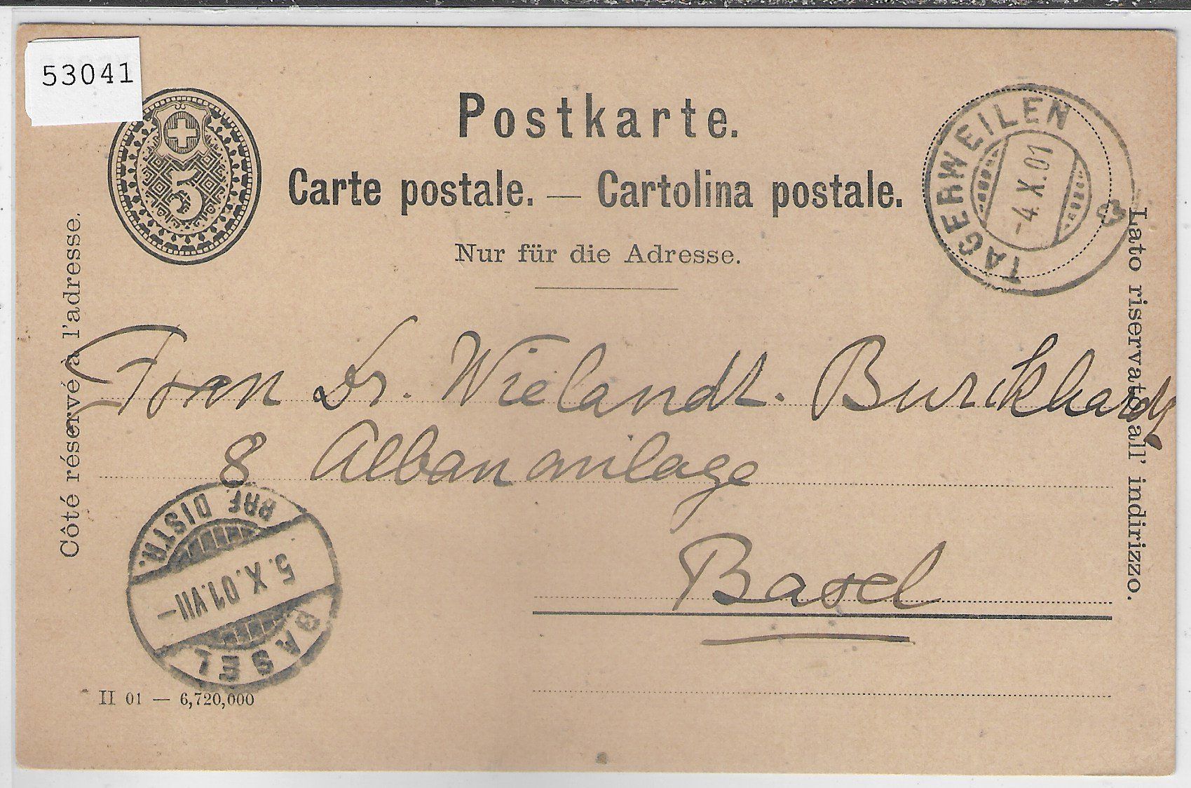 Tutti i francobolli: Postkarte - Tägerweilen 4.X.01 nach Basel – Usato da Ettingen venduto da Kartenplanet