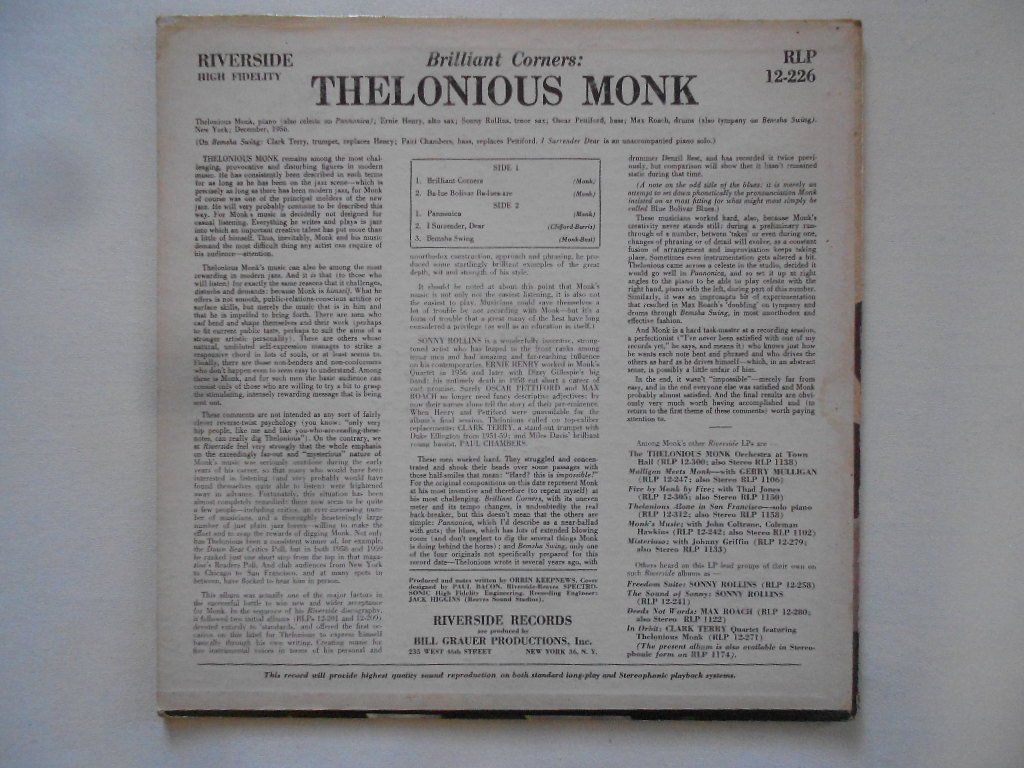 Dischi in vinile: THELONIOUS MONK  -  BRILLIANT CORNERS – Usato da Bex venduto da Giorgiob 1