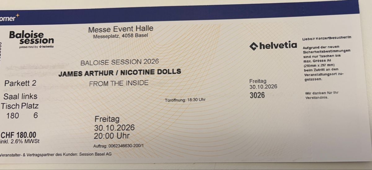 Biglietti: Ticket Baloise Session - James Arthur 30.10.2026 Basel – Nuovo (secondo la descrizione) da Bottmingen venduto da Pitati