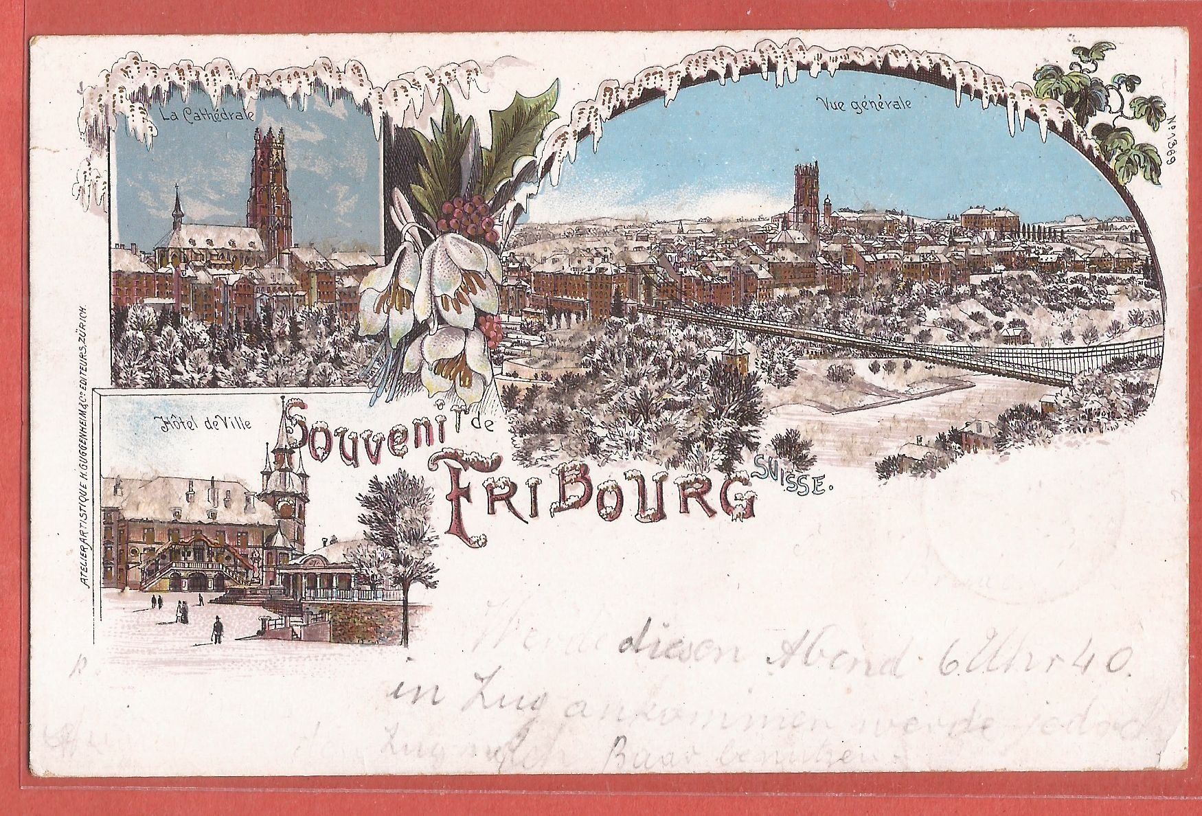 Cartoline postali: Fribourg im Winter - Litho - 1900 – Usato da Fislisbach venduto da Porano