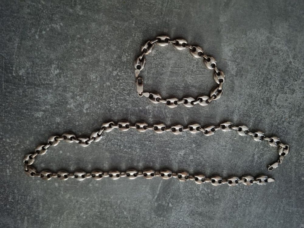 Chaîne Collier Argent 925 Massif - Motif Grain De Café Vintage - Poids 19g - Longueur 46 Cm - Occasion