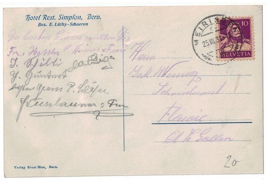 Ansichtskarten: Bern, Hotel Rest. Simplon, gelaufen 1931 – Gebraucht aus Frauenfeld von POML 1