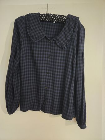 C&A Bluse Gr. 42 blau schwarz kariert Rüschen Herbst 🍁
