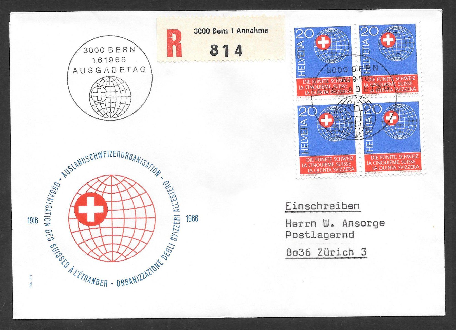 Tutti i francobolli: R-FDC Nr. 442 Viererblock ET Bern 1.6.1966 – Nuovo (secondo la descrizione) da Olten venduto da clotaldi