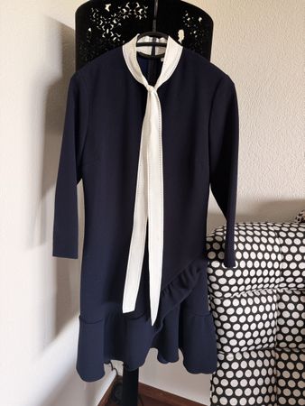 Sandro Paris Navy Dress w/ White Tie & Ruffle Trim Size M