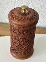 Indische handgeschnitzte Holzdose mit Deckel Etikette 18,5cm