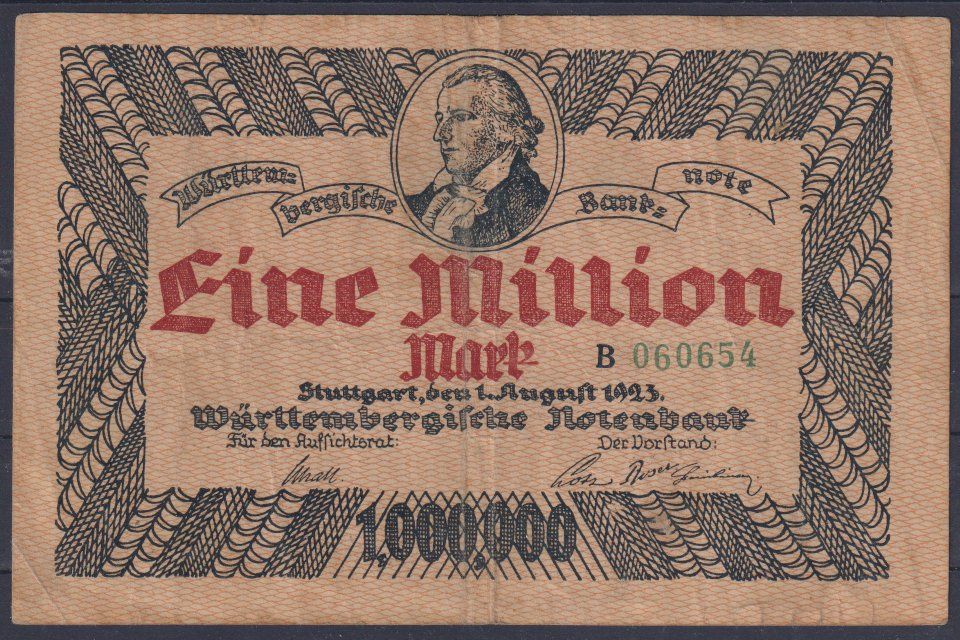 Banconote: Württembergische Banknote: 1 Mio. Mark 1923 – Usato da Eschlikon TG venduto da PhilCon