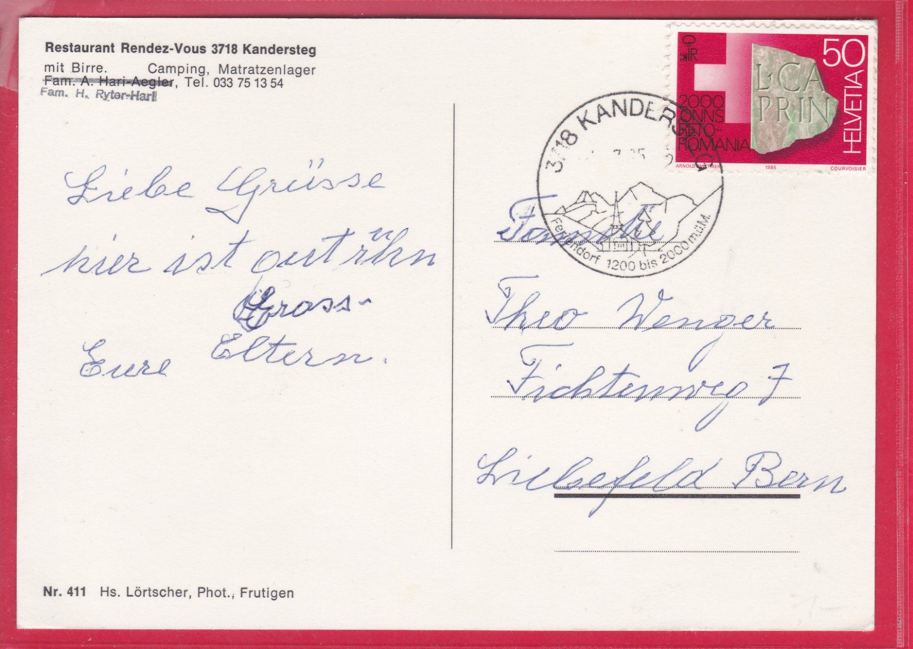 Ansichtskarten: KANDERSTEG, RESTAURANT RENDEZ-VOUS MIT BIRRE, 1985 – Gebraucht aus Oberrieden von Gebirgsstelze 1