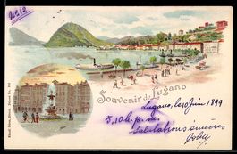 Lithographie Lugano, Seepromenade mit Dampfschiff und Platz 