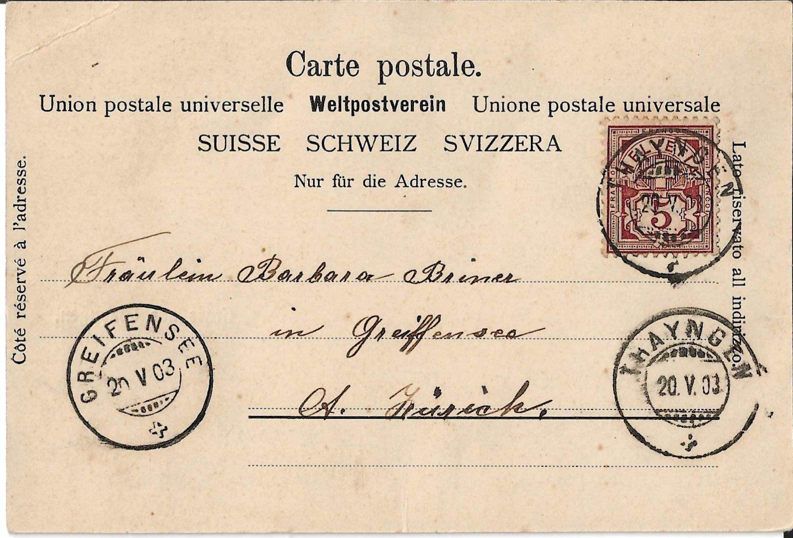 Ansichtskarten: Karte Thayngen 1903 – Gebraucht aus Zürich von Philacat11 1