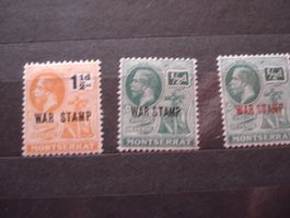 3 uralte Marken Montserrat, *, Überdruck War Stamp