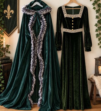 Mittelalter-/Renaissance-Kostüm, Samtkleid mit Kapuzenumhang