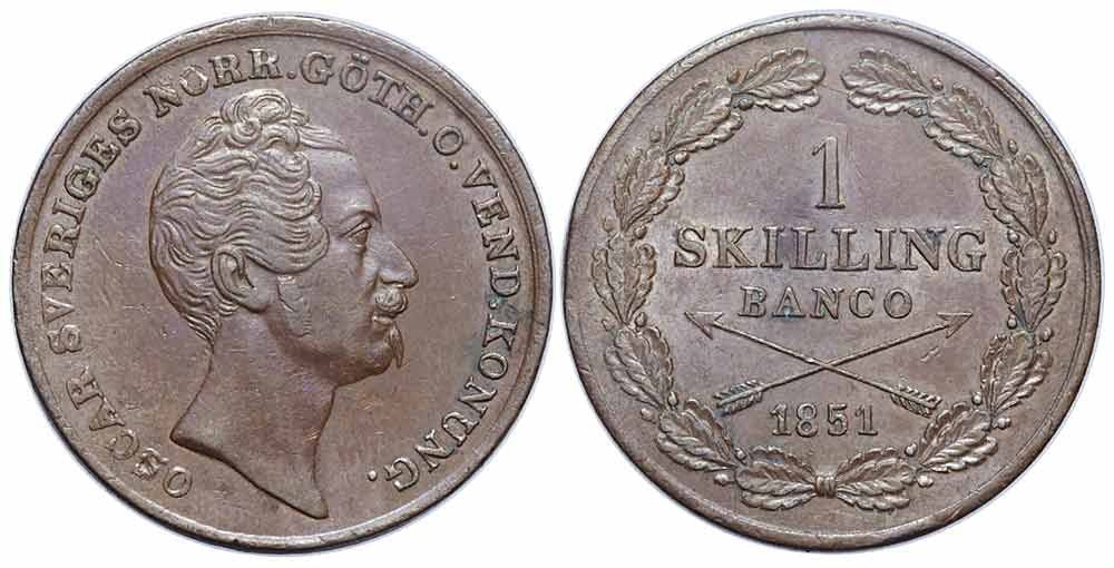 Tutti le monete: Schweden, 1 Skilling 1851 – Usato da Chiasso venduto da Novamarketing