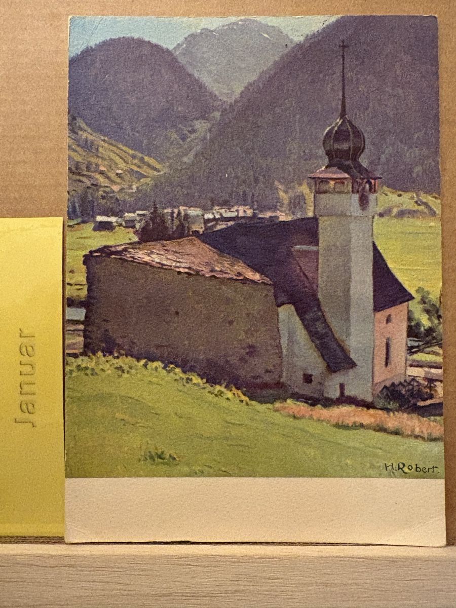 Cartoline postali: AK mit Kunst von Henri Robert / Kirche von Oberwald – Usato da Rümlang venduto da Kartenpost1