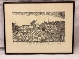 Antiker Holzstich, Prospect des Kornmarkts zu Basel, um 1850