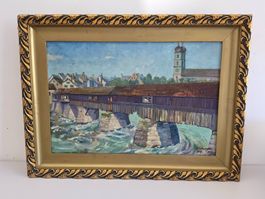 Ölgemälde Holzbrücke Stein-Säckingen - K. Schwegler 1930
